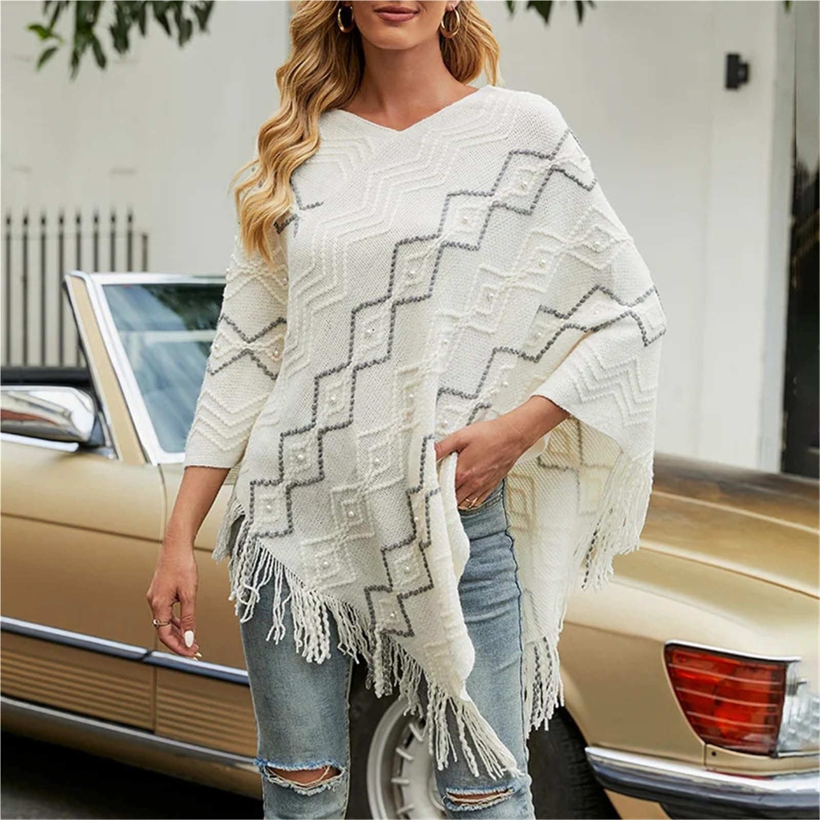Maglione a mantello a righe ondulate da donna, con nappe, scialle, cappotto, perle, patchwork, pullover, poncho Per Invernali