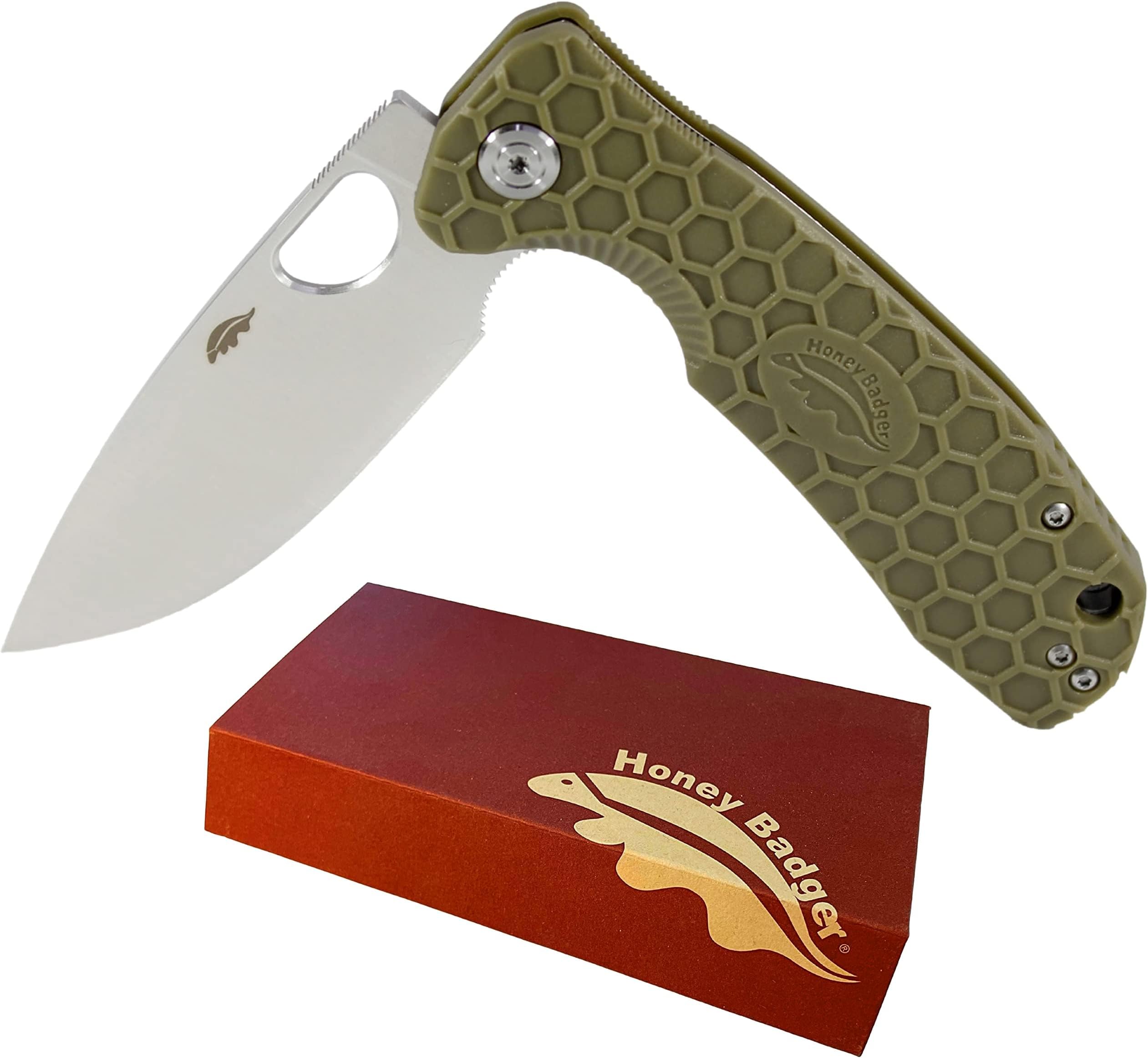 Honey Badger Medium Pocket Knife EDC Drop Point Folding Utility Knife 3.2" Steel Blade Reversible Pocket Clip - (2.9oz) Drop Point Medium Green HB1013
