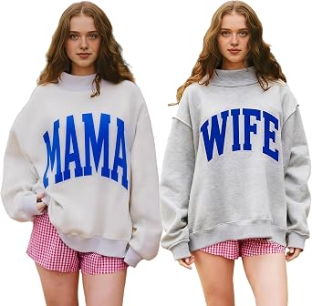 Custom Reversible Mock Neck Sweatshirt For Women Girls MAMA/WIFE Oversized Game Day Team Reversible Mockneck Customized College Name Football Sweatshirts White-Gray