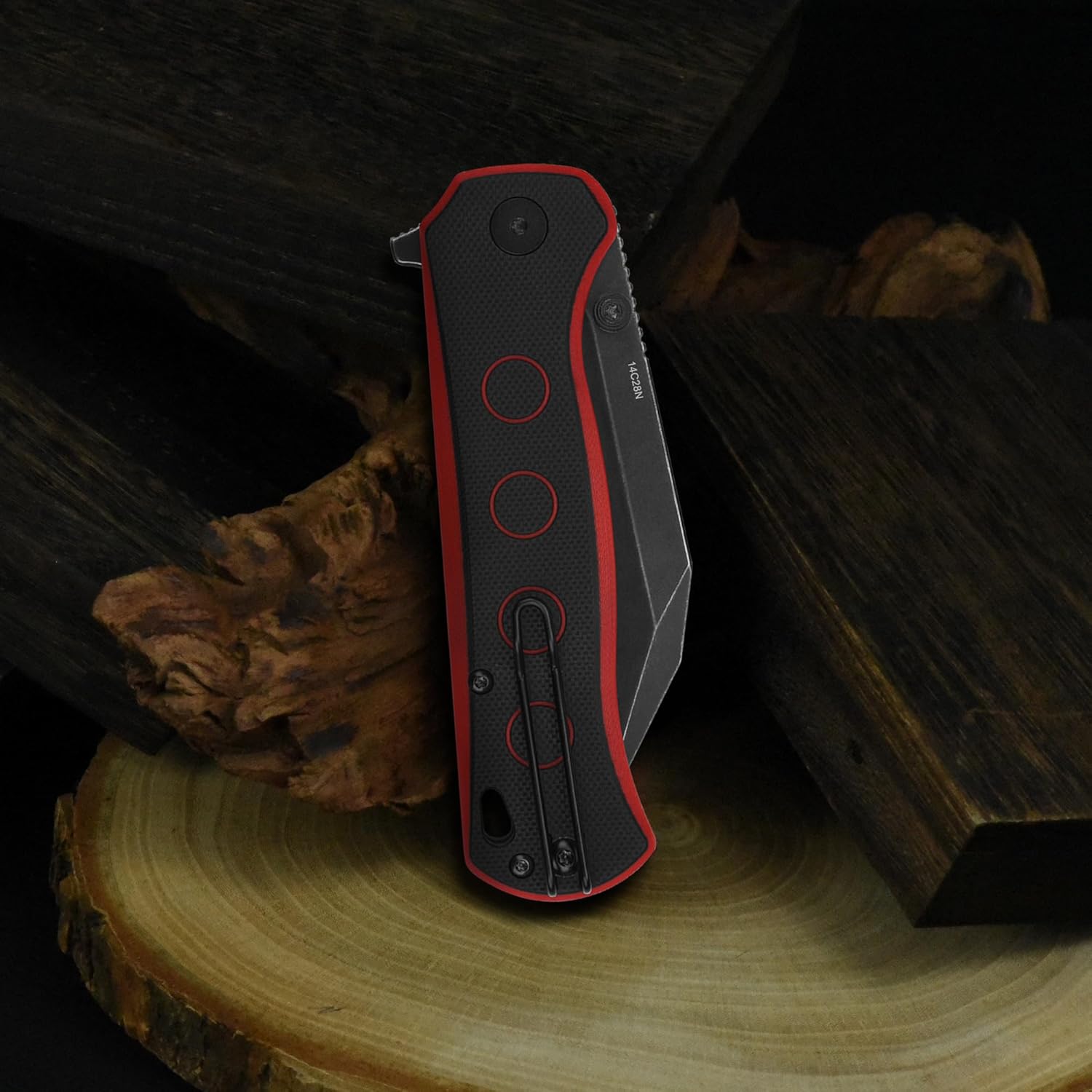 QSP Swordfish Folding Pocket Knife, 3.63" Sandvik 14C28N Black Stonewash EDC Knife, Black & Red G10 Handle, Button Lock, Ceramic Ball Bearings, Reversible Wire Deep Carry Clip