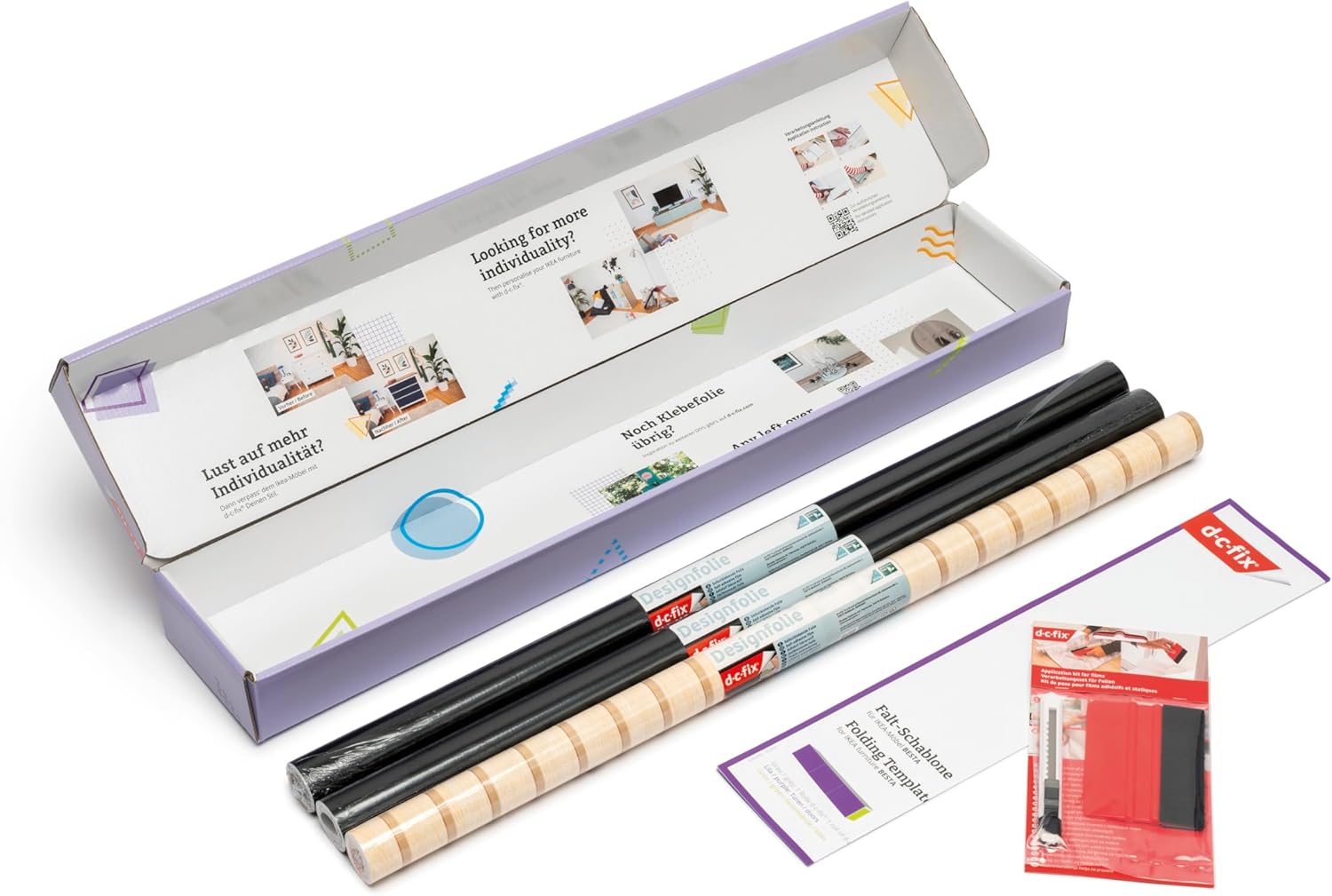 d-c-fix Furniture Adhesive Film Creative Kit for IKEA Besta Sideaboard - 2 x Plain Satin Black 1 x Wooden Slats (67.5 cm x 2 m) Wooden Strips