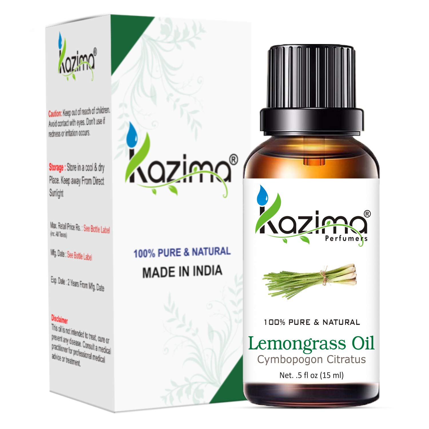 KAZIMA Lemongrass Essential Oil (Pack of 2) with Dropper 15ml Pure Natural - Ideal for Hair Growth, safe for Skin, ACNE, Diffuser