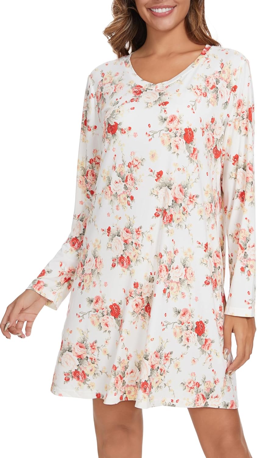 2 Pack Long Sleeve Nightgowns for Women Soft Cotton Night Gowns Sleepwear V Neck Nightshirts - Image 5