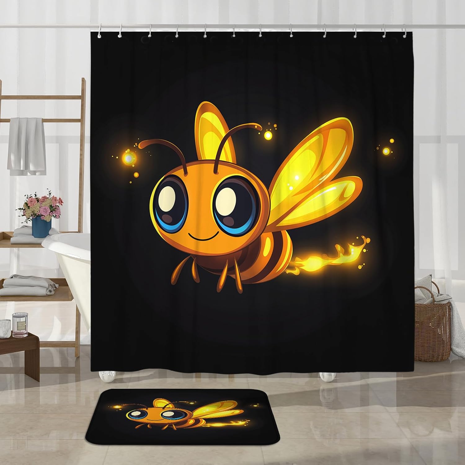 4PCS Kids Fun Firefly Bathroom Sets, Bath Accessory with Non-Slip Rug, U Shape and Toilet Lid Cover Mat, Cute Cartoon Insect Bathroom Decor-72''x72''
