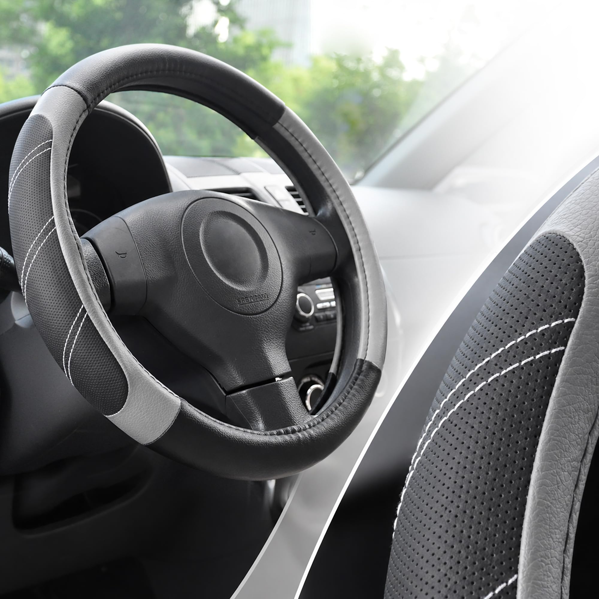 Elantrip Steering Wheel Cover for 14.5" to 15" Wheels, Soft Padded Grip with Anti-Slip Inner Lining, Breathable Comfort for Daily Driving, Easy Stretch Fit for Cars, SUVs and Trucks, Black/Gray