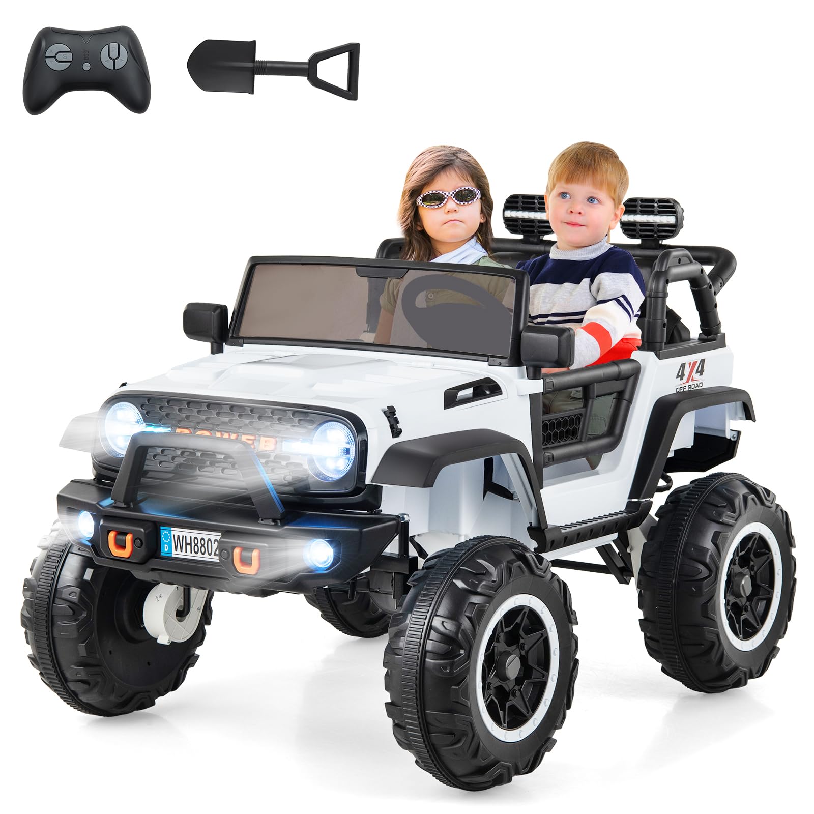 COSTWAY 2-Sitzer Elektroauto für Kinder, 24V Kinderfahrzeug mit Fernbedienung & Schaufel, Elektrofahrzeug mit Musik & Geschichten & USB & Hupe, Elektro Auto für Kinder ab 3 Jahren (Weiß)