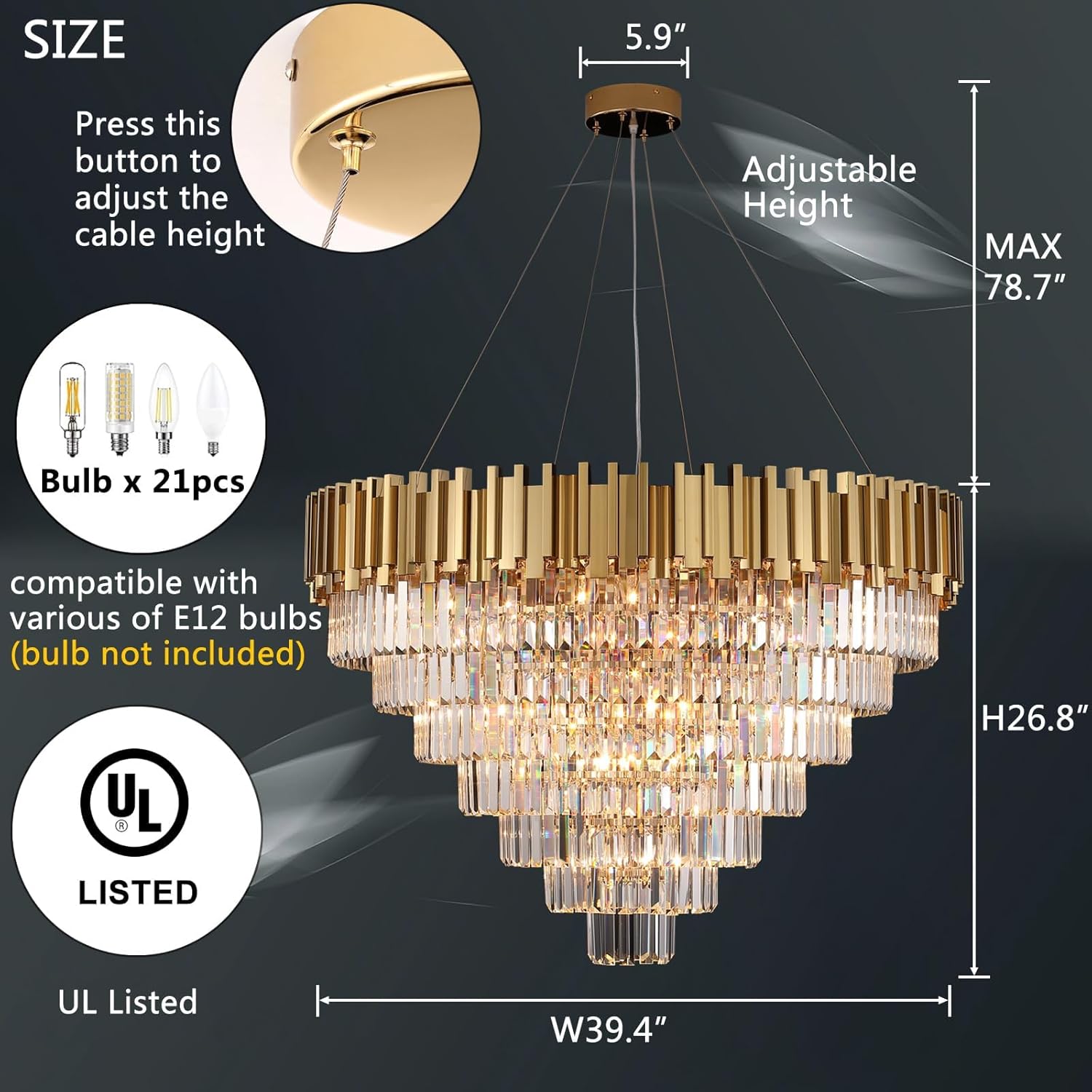 Modern Crystal Chandelier for Living Dining Room Entryway Gold Round W39.4