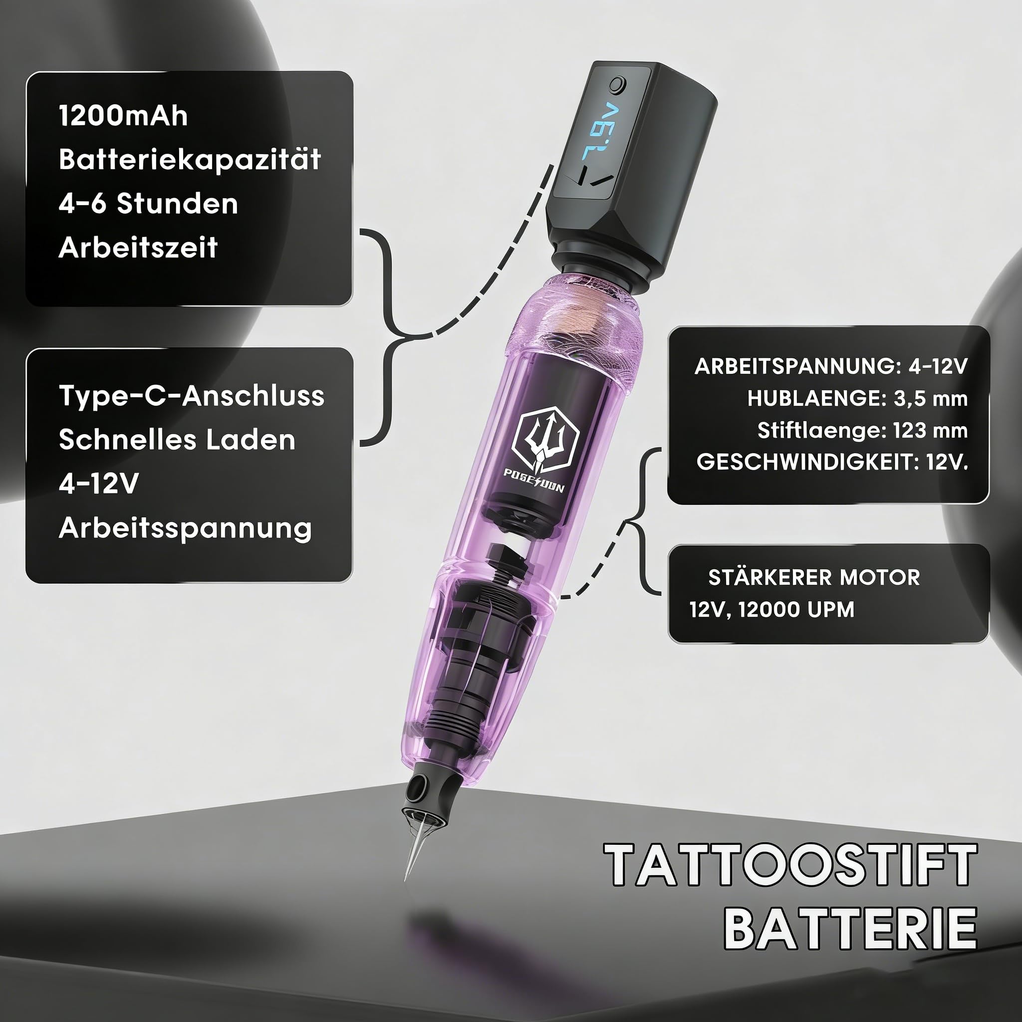 POSEIDON Kabelloses Tattoo-Pen-Set mit 2 langlebigen Akkus & komplettem Starter-Zubehör | Professionelle kabellose Tattoo-Maschine für Anfänger | Inklusive 20 Nadeln, Farben, Übungshaut