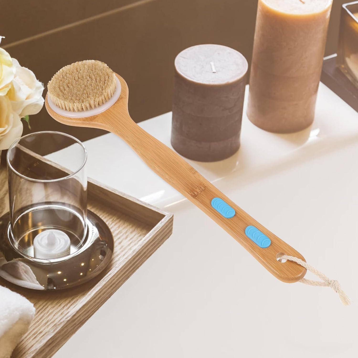 Long Handle Bath Brush Double-Sided Soft and Firm Bristles Round Head Body Scrubber for Shower and Massage Bathing Accessories