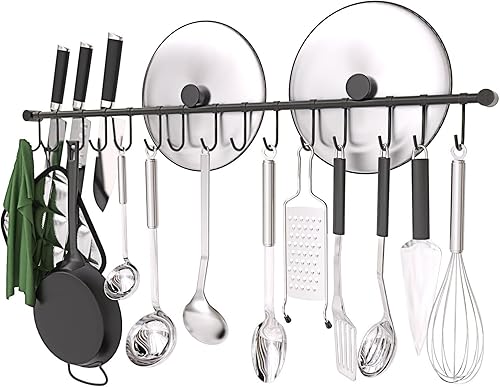 OKEPOO Percha para utensilios de cocina de acero inoxidable 304, soporte de pared de 30 pulgadas con 10 ganchos deslizantes silenciosos, estante