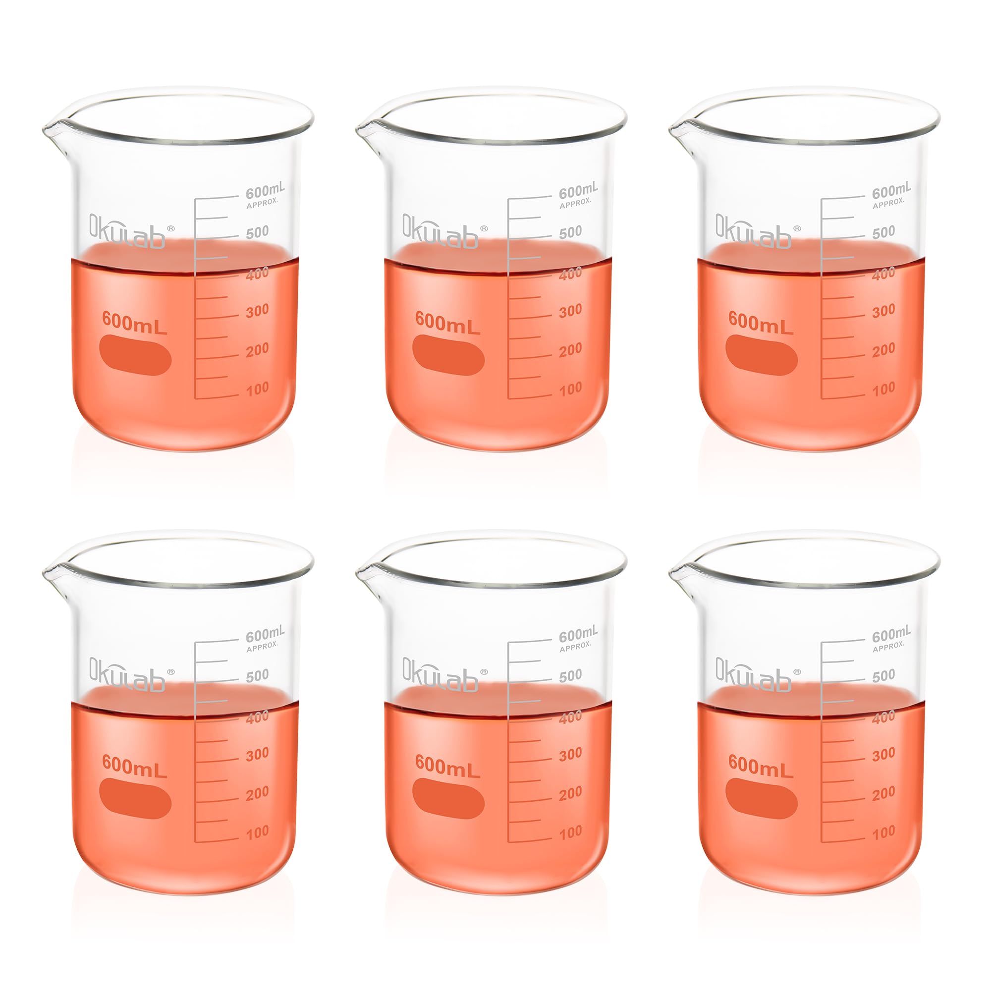 6 Stück 600 ml Glasbecher, niedrige Form, abgestufte 3,3 Borosilikatglasbecher für Labor, Klassenzimmer, Handwerk, Küche, BKLG600A6
