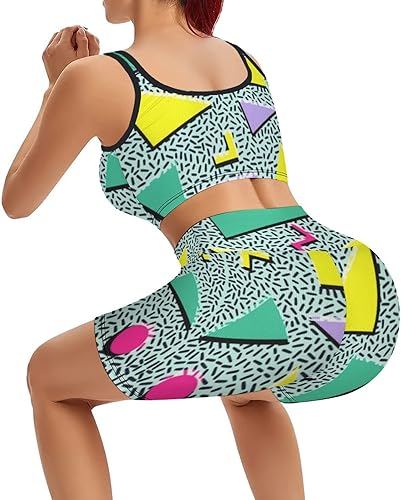 Miniatura 6 de ISMV Traje de entrenamiento de 2 piezas para mujer, estilo retro de los años 80 y 90, pantalones cortos de cintura alta neón para correr, sin