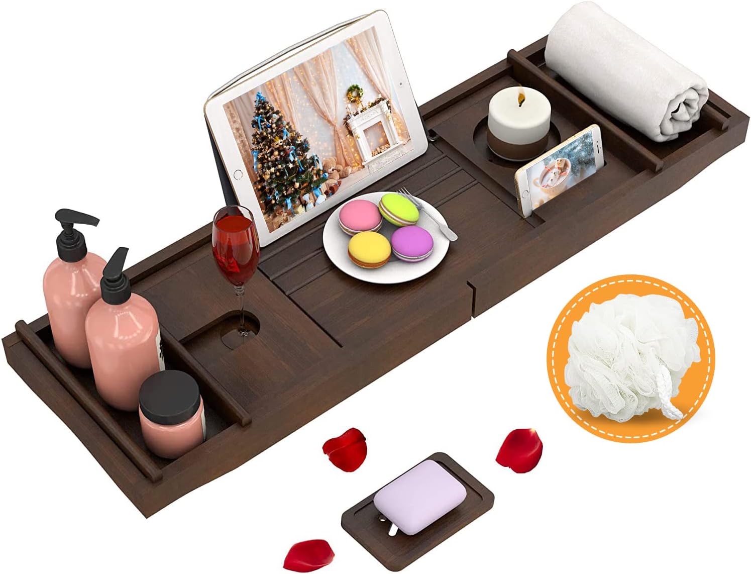 Domax Bathtub Caddy Tray Expandable Bamboo Tub Tray for Luxury Bath with Book Holder and Free Soap Dish (Gray, 29.4"-44.2"x 9.1"x1.65") : Everything Else