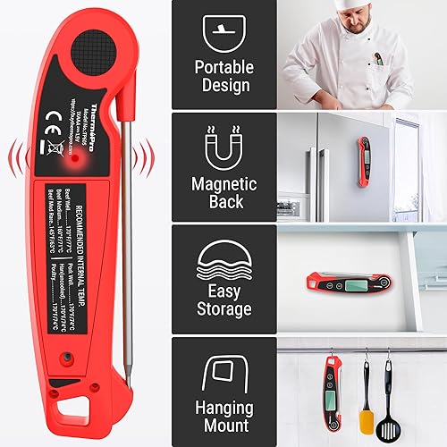 Miniatura 7 de ThermoPro TP605 Termómetro de carne de lectura instantánea para cocinar, termómetro digital impermeable para alimentos con gran pantalla LCD