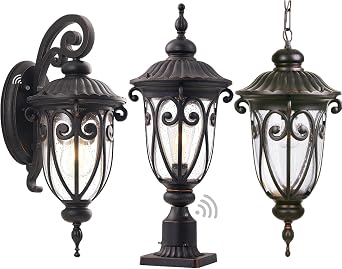 3 Pack Bronze Exterior Light Fixture, 1 * Wall Mount Dusk to Dawn + 1 * Post/Pier Mount Dusk to Dawn + 1 * Pendant Light No Sensor, LMMS0519-DN-S