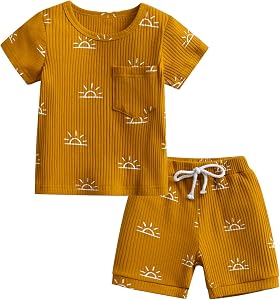 Infant Toddler Baby Boys Clothes Summer T-Shirt Sun Print Short Sleeve Knitted Solid Color Top Shorts 2Pcs Outfit Set