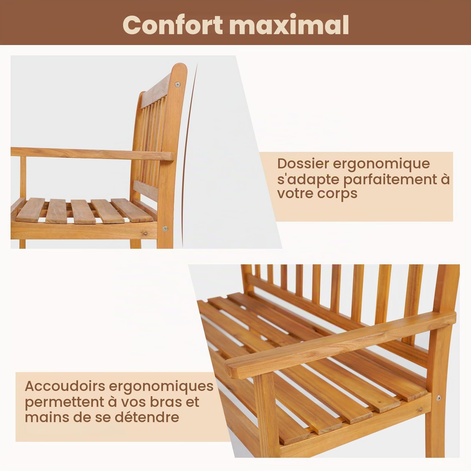 GIANTEX Banc d'Extérieur pour 2 Personnes, Banc de Jadin en Bois d'Acacia, Banc de Parc, avec Dossier et Accoudoirs Ergonomiques, Résistant aux Intempéries, Jardin, Terrasse, 122 x 56,5 x 86 cm