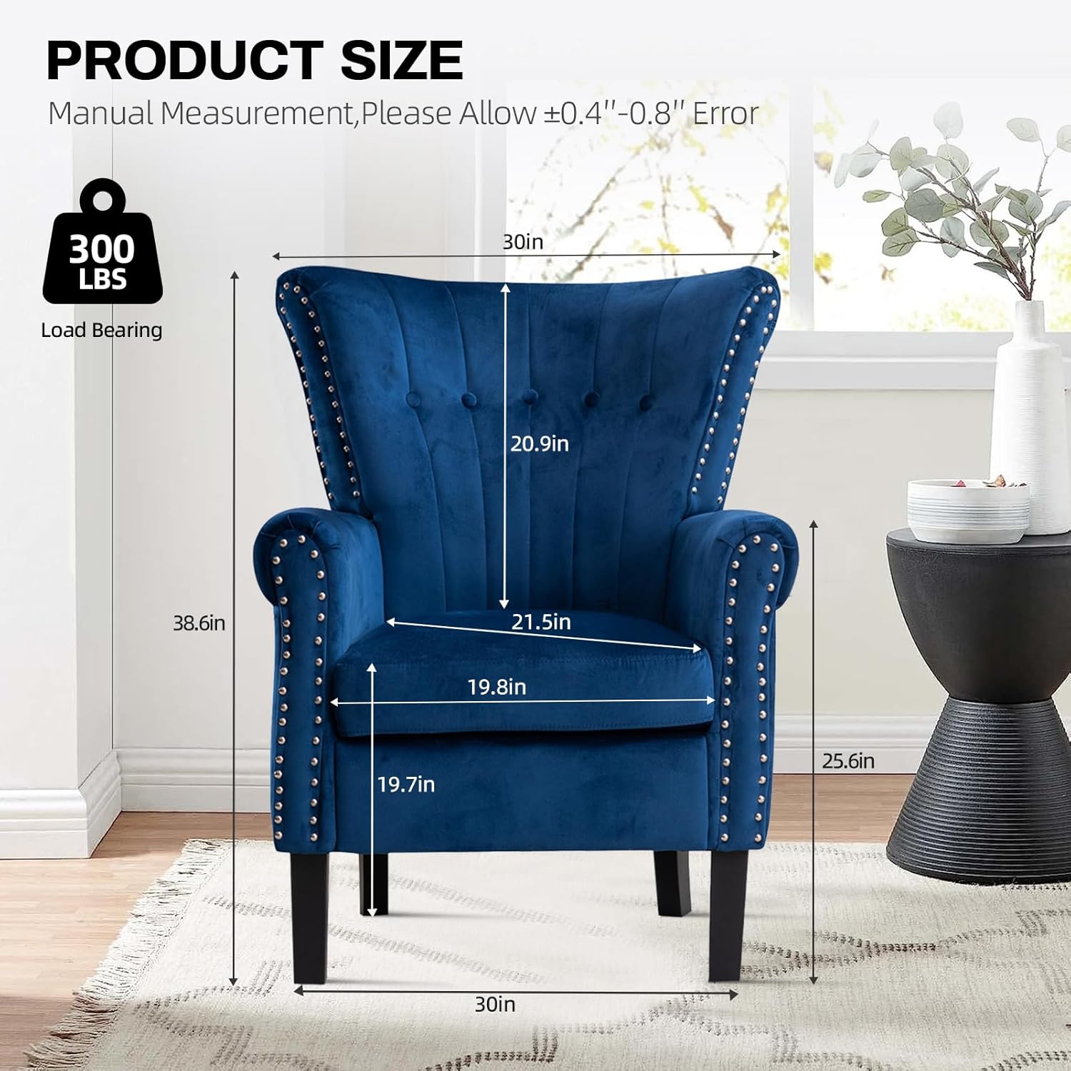 Velvet Accent Chair Single, Modern Armchair with Riveted Decorative Mid-Century High Back Reading Chair Sturdy Sofa Chair for Living Room Bedroom Home Office, Blue