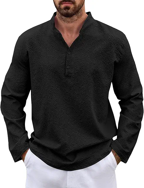 Camisa de Lino Hombre Manga Larga - Cuello Mao Casual Verano