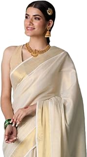 Women's Kerala Kasavu Golden Tissue Plain Saree with Running Blouse | 6.25 Meters, Gold, Gold, 6.25 Mtrs with Running Blouse