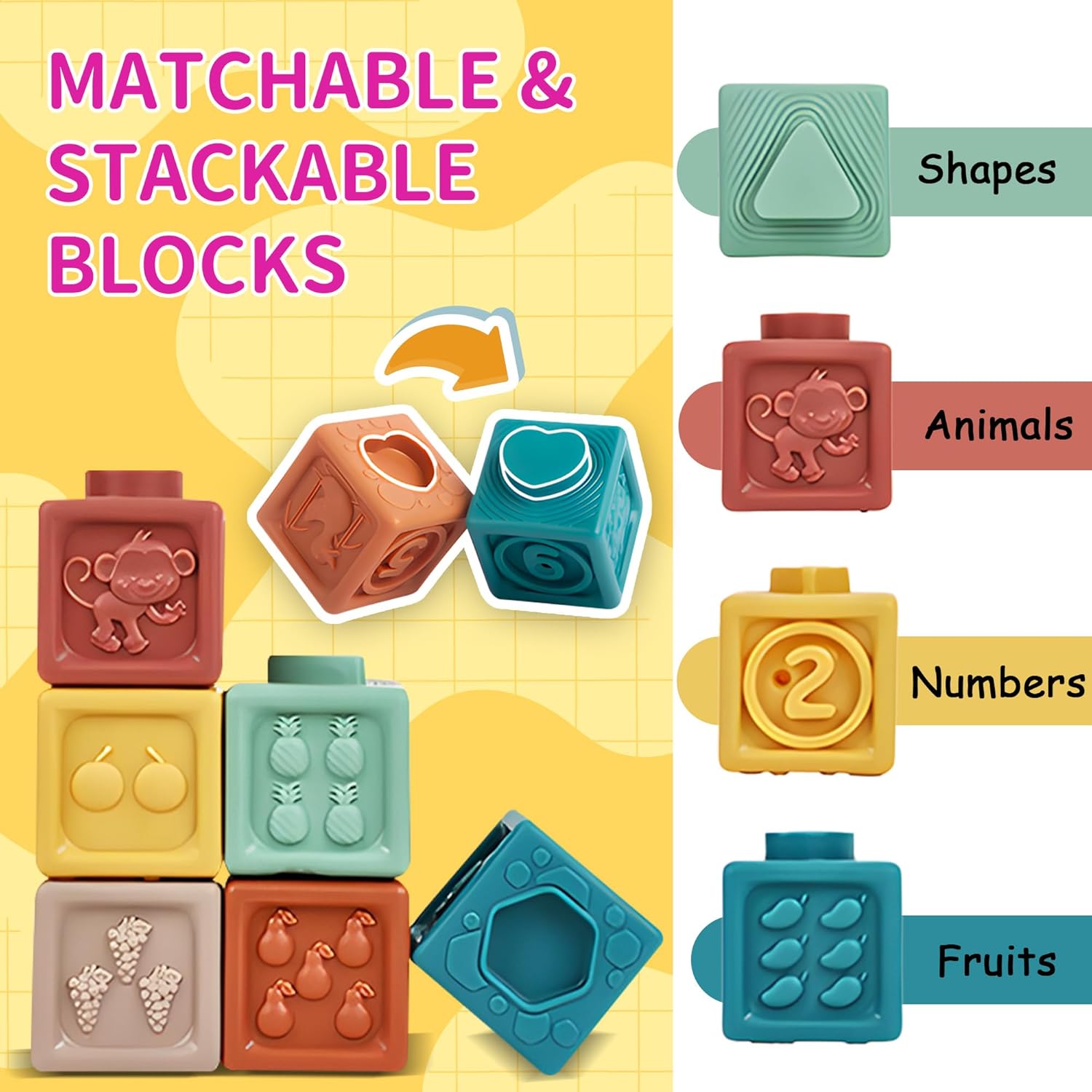 Montessori Toys for Babies, 3 in 1 Baby Toys 6 to 12 Months - Stacking Blocks & Sensory Balls & Soft Teething Rings, Newborn Learning Toys Activity Gifts for Toddlers 3-6-9-12 Months, 18PCS