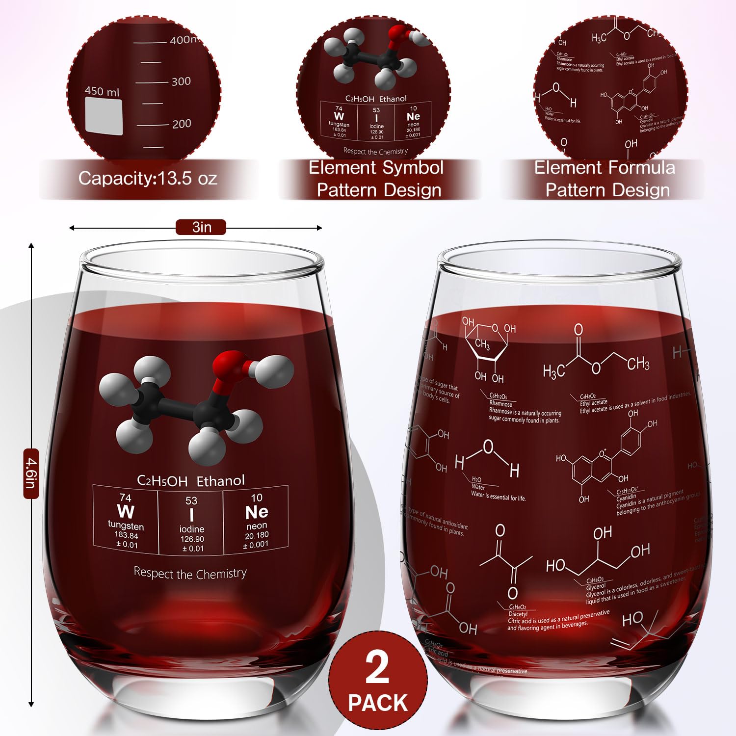 Yungyan 2 copas de vino sin tallo de 15 onzas de grosor, cristalería de química, vasos de ciencia grabados con moléculas de química del vino, vasos de ciencia de vino, vasos de química, regalo de