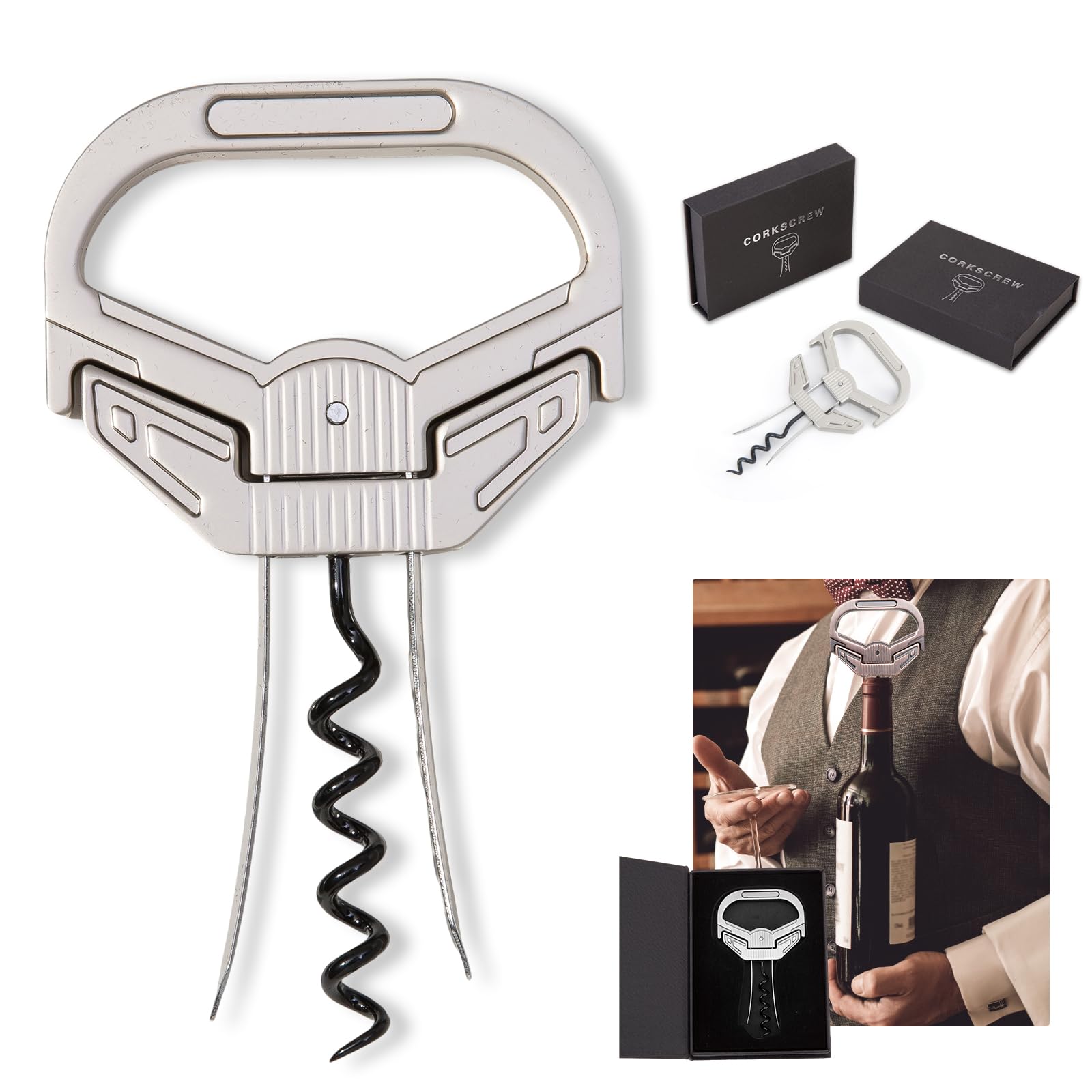 Ah So - Juego de abridor de vino con cortador de cápsulas, sacacorchos para vinos antiguos, sacacorchos de dos dientes, abridor de botellas de vino de acero inoxidable, set de regalo para los