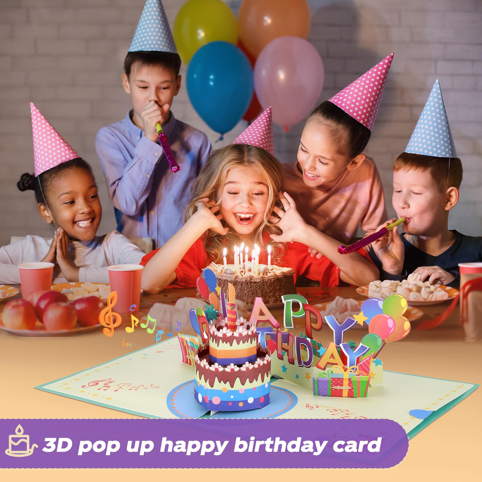 DTESL Cartes D'anniversaire Musicales Avec Lumière Et Musique, Soufflable, Cartes D'anniversaire Pop-up 3D Pour Homme Et Femme - Joue La Chanson « Happy Birthday