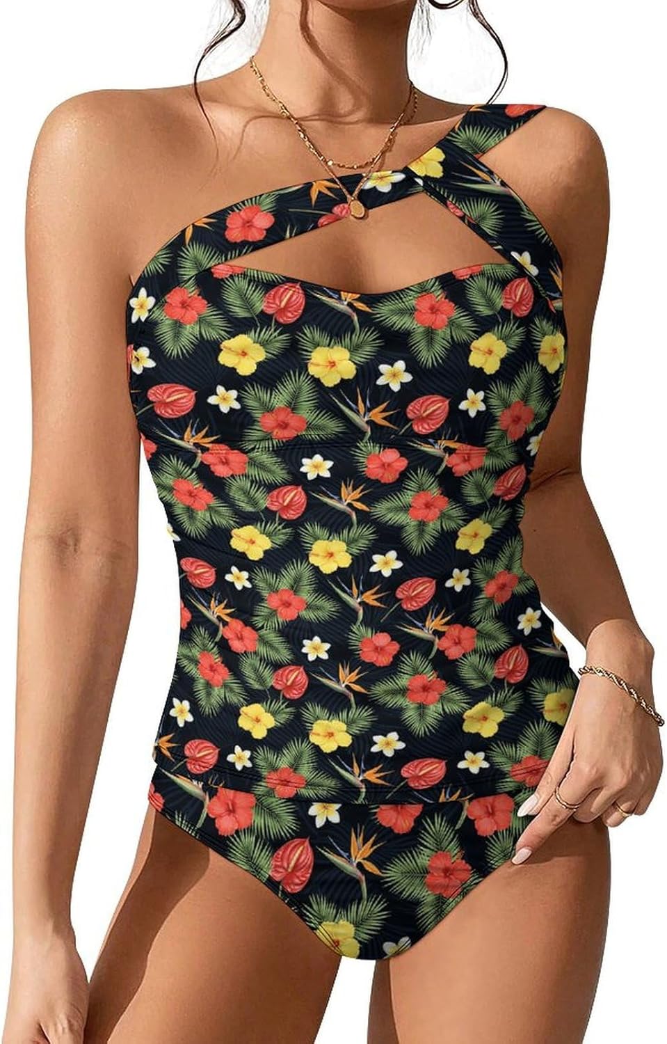 Women's Two Piece Flamingos Tankini Swimsuits One Shoulder Tummy Control Bathing Suits Swim Tops with Bottom Swimwear XXL