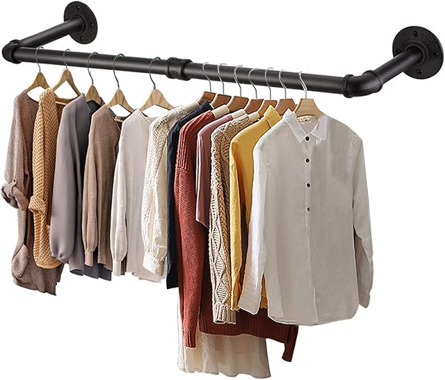 TUAKIMCE Wall Mounted Clothes Rail, Retro Wall Tidy Rail, Industrial Pipe Clothes Rack, Rustic Hanging Garment Rack Detachable Iron Clothes Wall Rail Shelf (106*26cm)