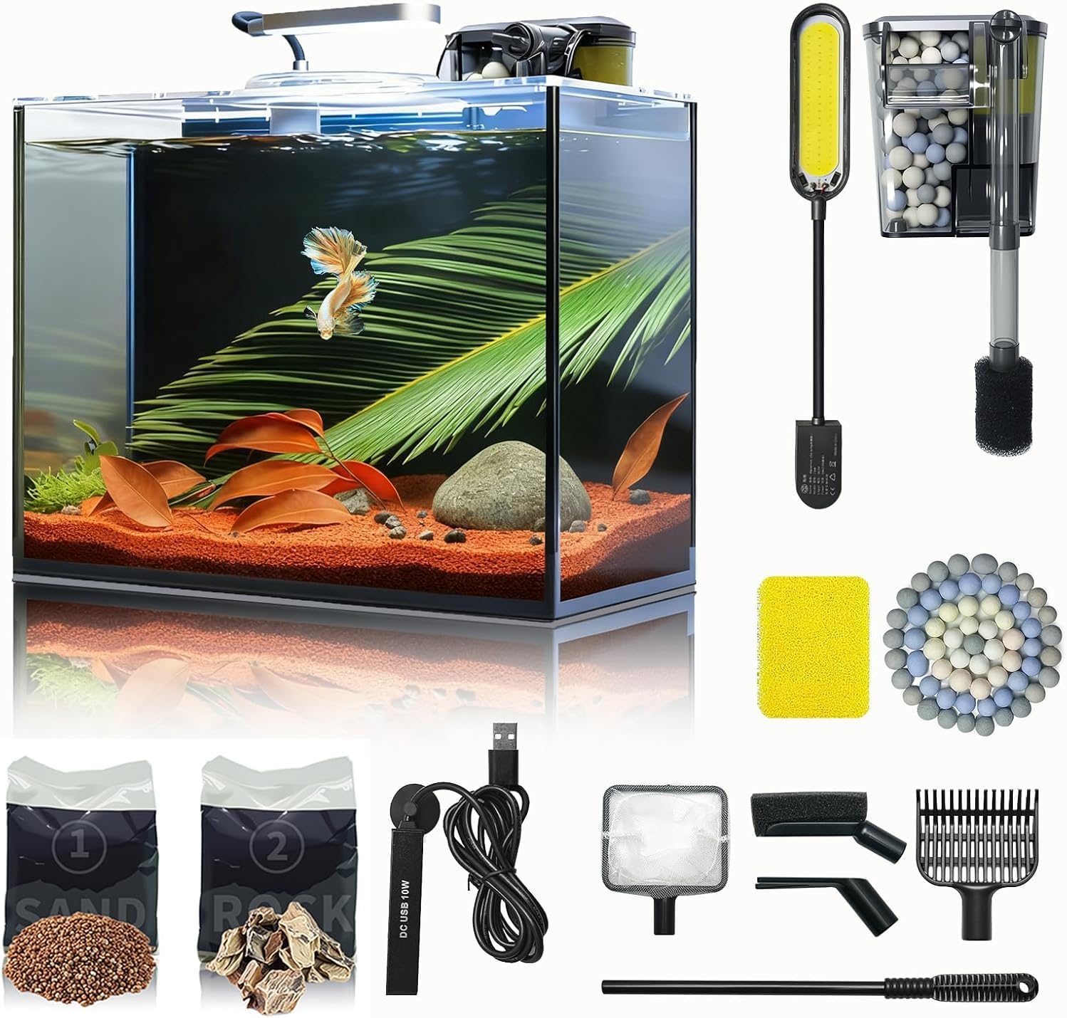 3 Gallon Small Fish Tank Glass Aquarium Set, Starter Kit with Heater Water Pump Cleaning Filter Bright Light Rocks Gravel Cleaning Tool, Leak-Proof Clear Rimless Desktop Spaces Saving Betta Fish