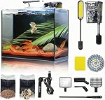 Desktop Betta Small Aquarium Glass Fish Tank 1.25 Gallons Complete Set, Self Cleaning Filter System Bright LED Light Gravel Plant Cleaning Tool, Starter Kit Small Space Easy Setup Space-Saving Design