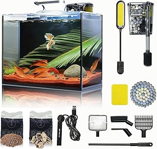 Aquarium Desktop-Set 10L Kleines Fischbecken 30x15x22, Ultra-Klares Glas mit Selbstreinigungsfilter, Helles Licht, Heizung, Steine,Kies, Reinigungswerkzeug, Randloses Fischglas für Anfänger Starterkit