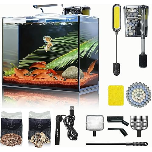 3 Gallon Small Fish Tank Glass Aquarium Set, Starter Kit with Heater Water Pump Cleaning Filter Bright Light Rocks Gravel Cleaning Tool, Leak-Proof Clear Rimless Desktop Spaces Saving Betta Fish
