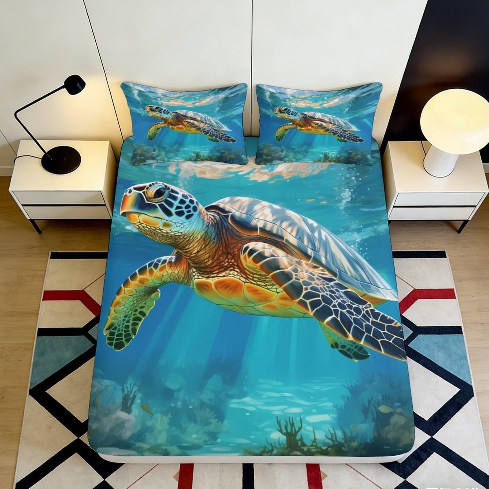 3D Printed Sea Turtle Fitted Sheet Microfiber Soft Blue Ocean Mattress Cover for Bedroom Guest Room Decor 90x200x25cm
