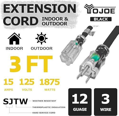 Miniatura 2 de Cable de extensión negro de 3 pies, cable 123 iluminado para exteriores, cable de extensión SJTW de calibre 12 y 3 clavijas resistente con enchufe a