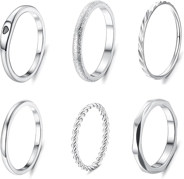 JeryWe 6Pcs Solid Silver Rings for Women 1mm-2mm Wedding Ring Stainless Steel Plain Band Knuckle Stacking Midi Thumb Rings Hypoallergenic Size 4-8