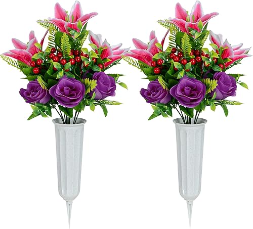 XONOR Flores artificiales de cementerio para tumba, juego de 2 flores artificiales conmemorativas con jarrón para cementerio al aire libre, lápidas,