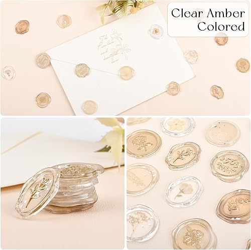 Miniatura 4 de URROMA Calcomanías de sello de cera ámbar transparente, 54 piezas de sellos de sobres con temática floral, calcomanías adhesivas para Navidad,