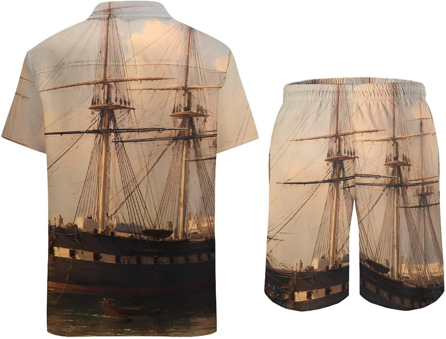 Vintage Ship Ferry Port Men's Summer Beach 2 Piece Outfits | hawaiian button down shirt and shorts,vacation cruise,mens bathing suit
