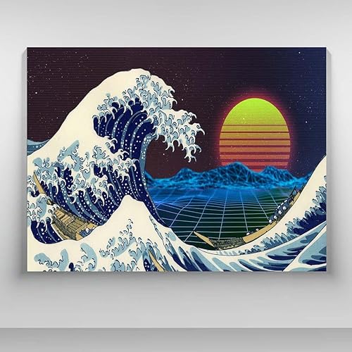 Miniatura 1 de Retro Wave Art, The Great Wave Kanagawa Poster, Synthwave Sunset Canvas