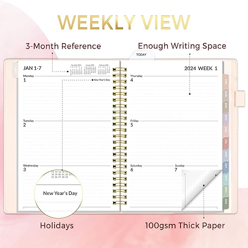 Miniatura 2 de SUNEE Agenda semanal y mensual 2024 de 7 x 8.4 pulgadas, 12 meses (enero de 2024 a diciembre de 2024), cubierta de cuero vegano, bolsillo, marcador,
