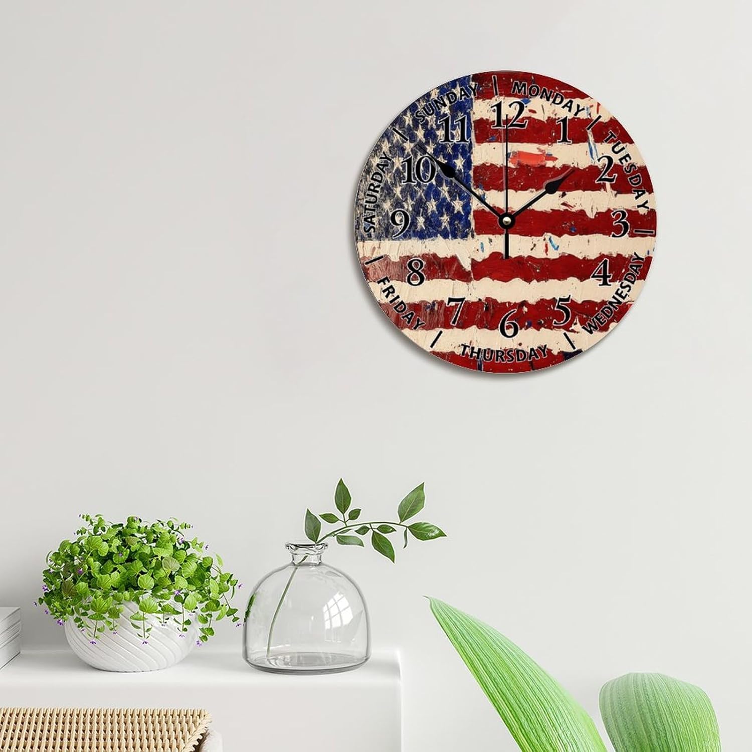 ArogGeld Day of The Week Patriotic Wall Clock Painting American Flag 12 Inch Wall Clocks Battery Operated Silent Non-Ticking Farmhouse Wall Decor for Bedroom Living Room Retirement Gift