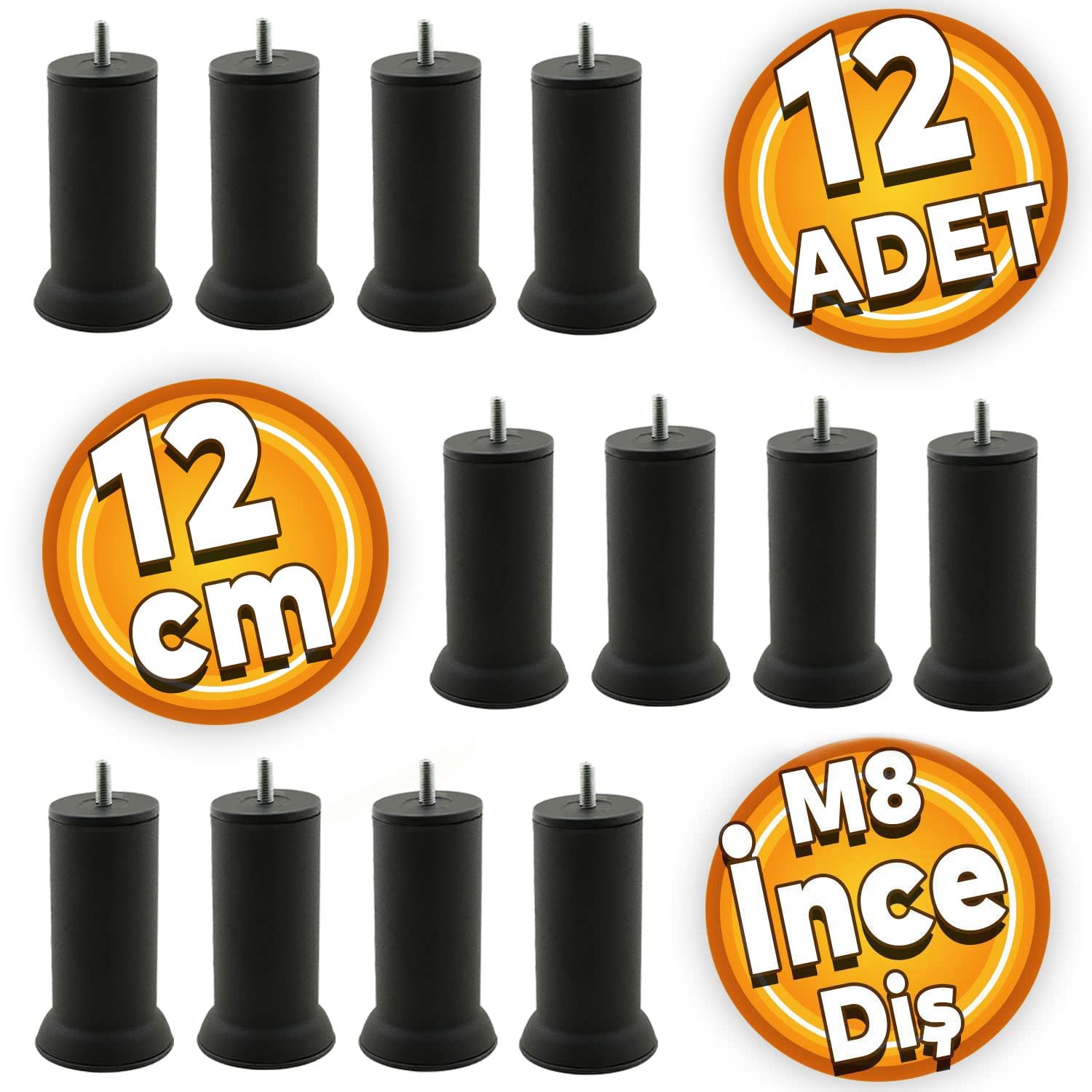 Badem10 Mobilya Baza Metal Kanepe Koltuk Destek Ayağı M8 Civatalı İnce Diş Siyah Metal Ayak 12 cm (12 ADET)