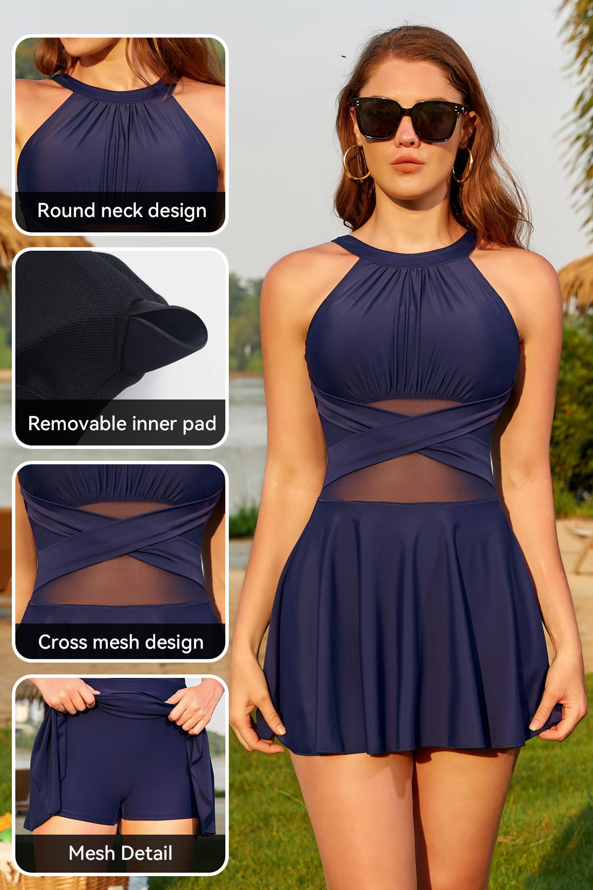 SHEKINI Costume Intero da Donna - Scollo Tondo vestibilità Slim Maglia Cava Costume da Bagno con Gonna