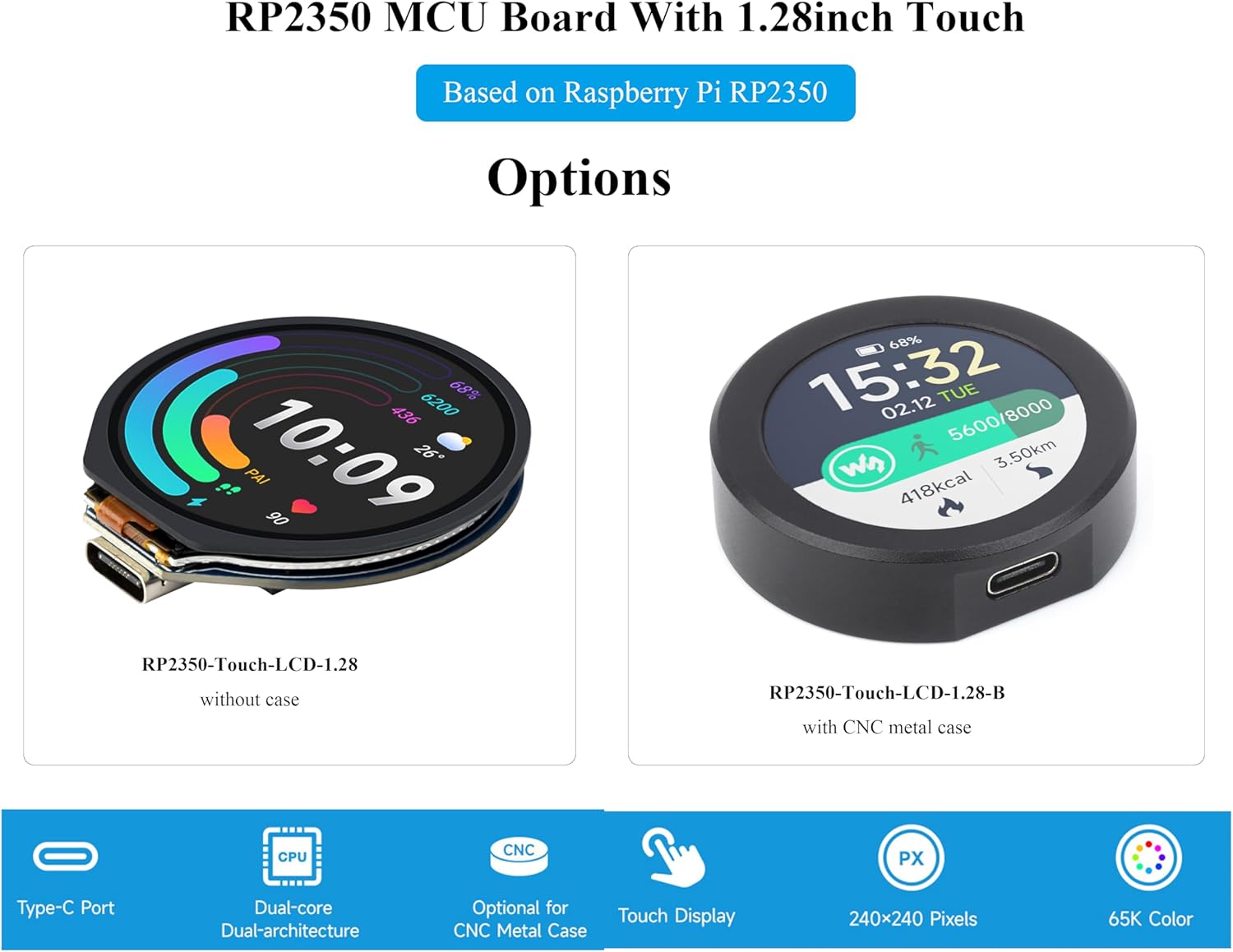 RP2350 Microcontroller Development Board with 1.28inch Round Touch Screen IPS LCD 240×240 Pixels, 65K Color, Based on RPi RP2350, Dual-Core & Dual-Architecture Design Type-C Connector