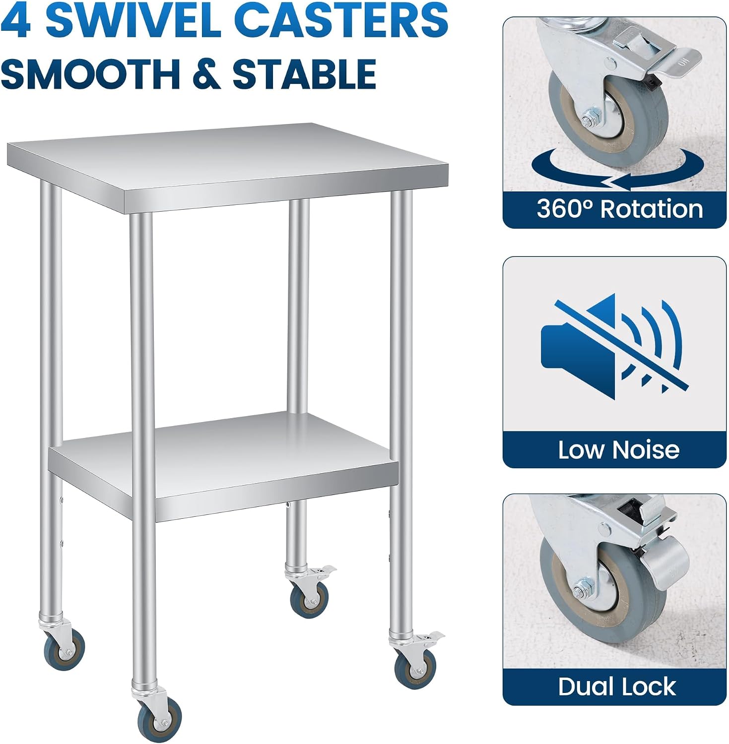 Stainless Steel Prep Table 24x24 Inches, Heavy Duty Commercial Work Table with 4 Wheels and Adjustable Undershelf for Commercial Kitchen Restaurant