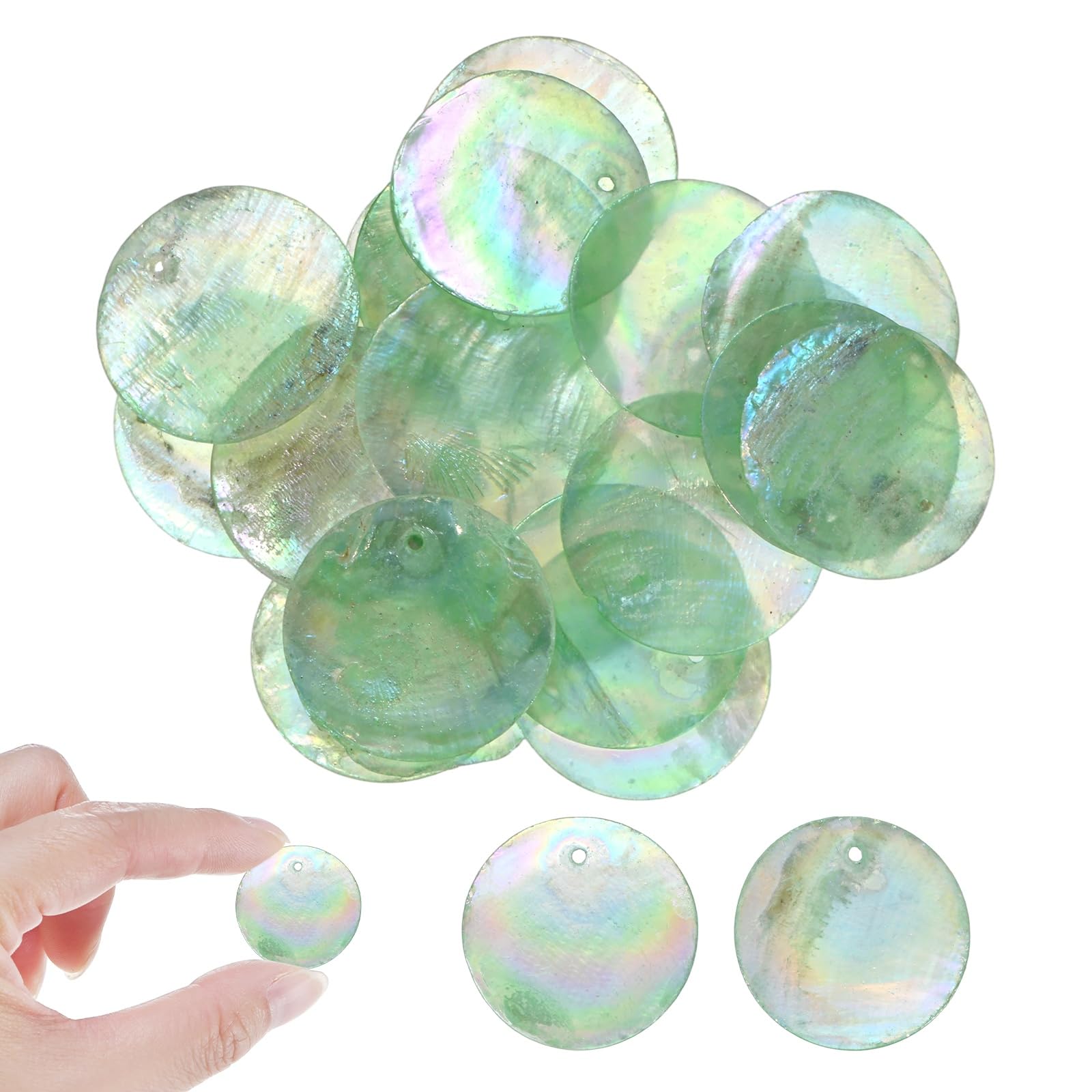 M METERXITY 20-Pack Round Capiz Sea Shells, 1 Inch(25mm) Natural Shell Pieces for Wind Chimes/Seashell/Curtain Shell/DIY Craft, Flat Round Coin Bead [Colorful Green]