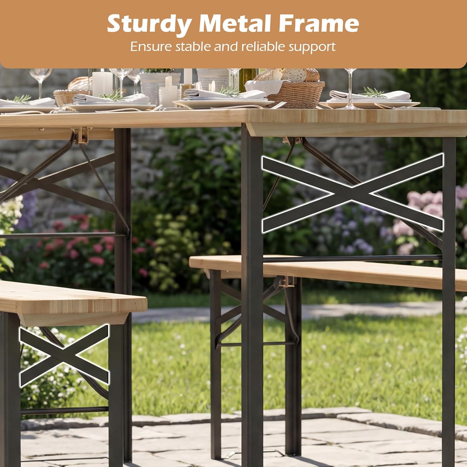 COSTWAY Folding Wood Picnic Table, Foldable Long Narrow Picnic Table with Benches Set for 4-6 People, Wooden Beer Table Metal Frame for Outdoor BBQ Party, Garden, Backyard