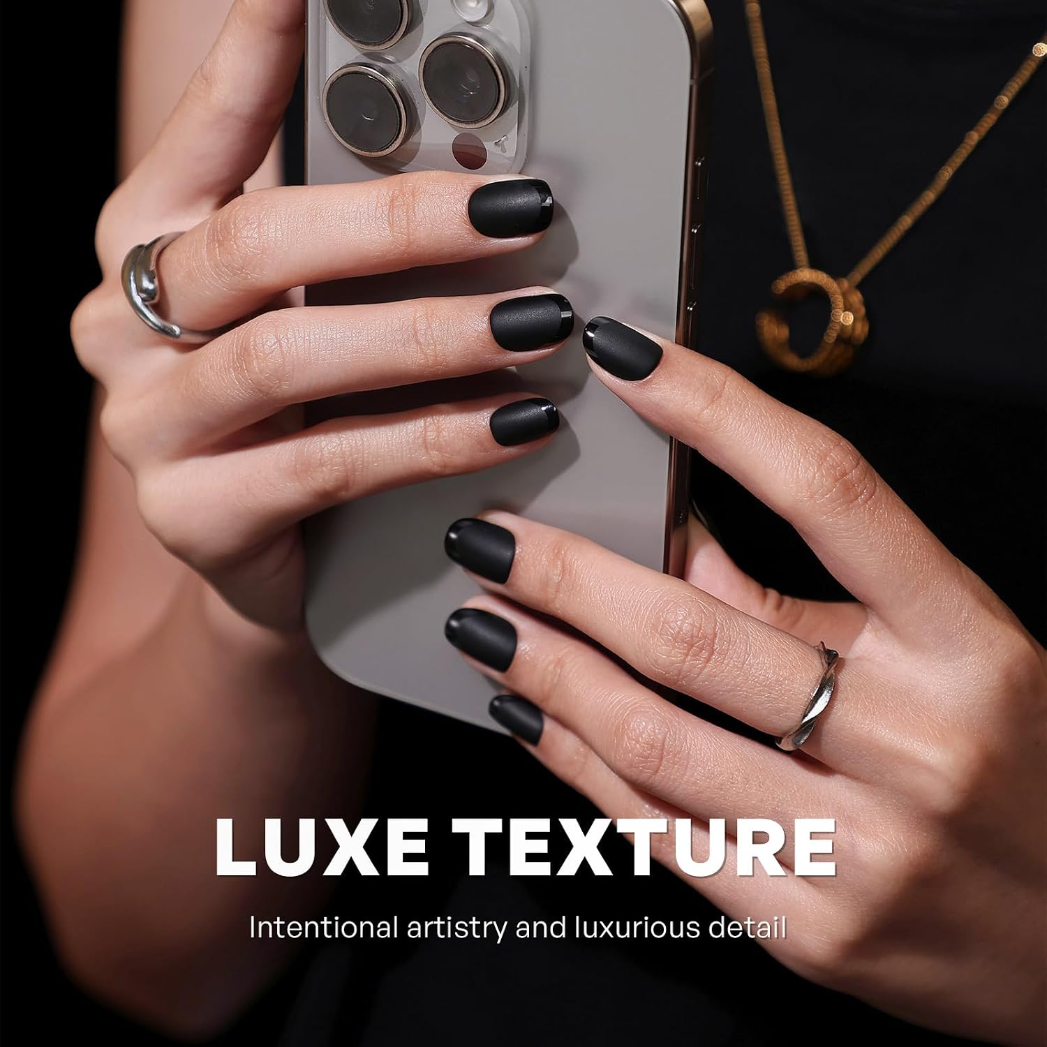 Extra Short Squoval Press on Nails, Matte Black French Nail, Ink Mist
